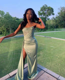 Green A-line satin high slit strapless ball gown evening dress HZ1024