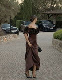Elegant Mermaid Brown Off Shoulder Satin Floor Length Formal Prom Dress Evening Gown HZ1024
