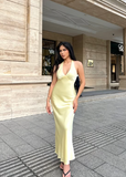 Sexy Yellow Satin Mermaid Off-the-shoulder Halter Neck Prom Party Dress HZ1024