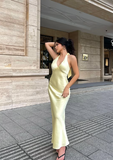 Sexy Yellow Satin Mermaid Off-the-shoulder Halter Neck Prom Party Dress HZ1024