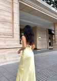 Sexy Yellow Satin Mermaid Off-the-shoulder Halter Neck Prom Party Dress HZ1024