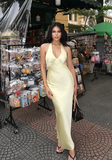 Sexy Yellow Satin Mermaid Off-the-shoulder Halter Neck Prom Party Dress HZ1024