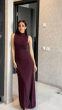 Elegant Burgundy Mermaid Off Shoulder High Neck Sleeveless Formal Prom Dress Evening Gown HZ1024