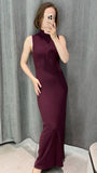 Elegant Burgundy Mermaid Off Shoulder High Neck Sleeveless Formal Prom Dress Evening Gown HZ1024