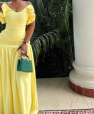 Chic Yellow A-line Spaghetti Strap Off-the-shoulder Long Ball Gown Evening Dress HZ1024