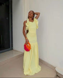 Chic Yellow A-line Spaghetti Strap Off-the-shoulder Long Ball Gown Evening Dress HZ1024