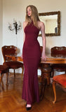 Burgundy Mermaid High Neck Off Shoulder Simple Prom Dress Evening Gown HZ1024