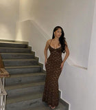 Sexy Brown Mermaid Lace Spaghetti Strap Ball Gown Evening Dress HZ1024