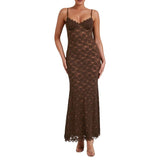 Sexy Brown Mermaid Lace Spaghetti Strap Ball Gown Evening Dress HZ1024