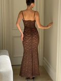 Sexy Brown Mermaid Lace Spaghetti Strap Ball Gown Evening Dress HZ1024