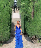 Sapphire Blue A-line Deep V Neck Spaghetti Strap Velvet Ruffle Ball Gown Evening Dress HZ1024