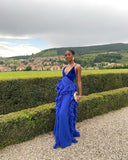 Sapphire Blue A-line Deep V Neck Spaghetti Strap Velvet Ruffle Ball Gown Evening Dress HZ1024