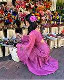 Retro Purple A-line V-neck Long Sleeve Lace Prom Dress HZ1024