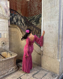 Retro Purple A-line V-neck Long Sleeve Lace Prom Dress HZ1024