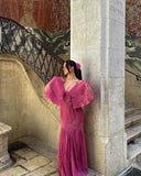 Retro Purple A-line V-neck Long Sleeve Lace Prom Dress HZ1024