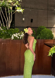 Gorgeous Green Mermaid Cross Neck Sequin Sleeveless Floor Length Evening Dress HZ1024