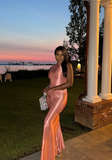 Simple Pink Mermaid Collarless Sleeveless Satin Ball Gown Evening Dress HZ1024