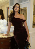 Brown Velvet Mermaid One Shoulder Formal Evening Dress HZ1024
