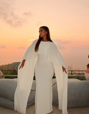 Elegant White Mermaid Cape Shawl Satin Formal Evening Dress HZ1024