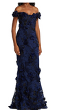 Elegant Navy Blue Mermaid Off Shoulder Lace 3D Flower Floor Length Formal Prom Dress Evening Gown HZ1024
