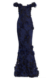 Elegant Navy Blue Mermaid Off Shoulder Lace 3D Flower Floor Length Formal Prom Dress Evening Gown HZ1024