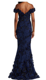 Elegant Navy Blue Mermaid Off Shoulder Lace 3D Flower Floor Length Formal Prom Dress Evening Gown HZ1024