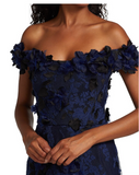 Elegant Navy Blue Mermaid Off Shoulder Lace 3D Flower Floor Length Formal Prom Dress Evening Gown HZ1024
