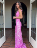 Charming Mermaid Deep V Neck Pink Sequin High Slit Formal Prom Dress Evening Gown HZ1024