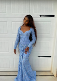 Chic Blue Mermaid Long Sleeve Butterfly Lace Floor-Mounting Ball Gown Evening Dress HZ1024