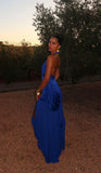 Sexy Sapphire Blue V-neck Halter Backless Satin Formal Ball Gown Evening Dress HZ1024
