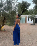 Sexy Sapphire Blue V-neck Halter Backless Satin Formal Ball Gown Evening Dress HZ1024