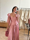 Pink A-line Lace-up Sleeveless Satin Slit Ankle-Length Dress HZ1024