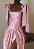 Pink A-line Lace-up Sleeveless Satin Slit Ankle-Length Dress HZ1024