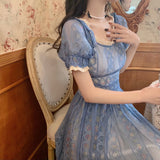 Blue Sweet A-line Short Sleeve Lace Ankle-length Dress HZ1024