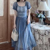 Blue Sweet A-line Short Sleeve Lace Ankle-length Dress HZ1024