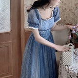 Blue Sweet A-line Short Sleeve Lace Ankle-length Dress HZ1024
