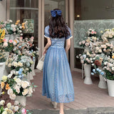 Blue Sweet A-line Short Sleeve Lace Ankle-length Dress HZ1024
