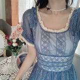 Blue Sweet A-line Short Sleeve Lace Ankle-length Dress HZ1024