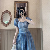 Blue Sweet A-line Short Sleeve Lace Ankle-length Dress HZ1024
