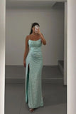 Elegant Green Strapless Sequined High Slit Formal Prom Dress Evening Gown HZ1024