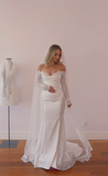 Elegant Mermaid Off-shoulder Lace Long Sleeve Satin Train Wedding Dress HZ1024