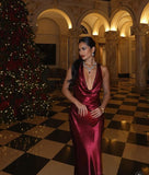 Sexy Burgundy Mermaid Deep V Neck Strapless Satin Formal Prom Dress Evening Gown HZ1024