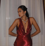 Sexy Burgundy Mermaid Deep V Neck Strapless Satin Formal Prom Dress Evening Gown HZ1024