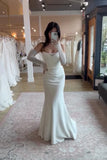 White V-neck Off-shoulder Mermaid Satin Long Ball Gown Wedding Dress HZ1024