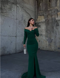 V Neck Off Shoulder Long Sleeve Mermaid Slit Glitter Formal Prom Dress Evening Gown HZ1024