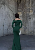 V Neck Off Shoulder Long Sleeve Mermaid Slit Glitter Formal Prom Dress Evening Gown HZ1024