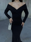 V Neck Off Shoulder Long Sleeve Mermaid Slit Glitter Formal Prom Dress Evening Gown HZ1024
