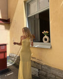 Elegant Light Yellow Mermaid One Shoulder Sleeveless Knitted Drape Long Dress HZ1024