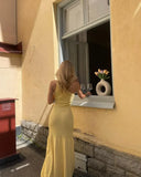 Elegant Light Yellow Mermaid One Shoulder Sleeveless Knitted Drape Long Dress HZ1024