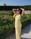 Elegant Light Yellow Mermaid One Shoulder Sleeveless Knitted Drape Long Dress HZ1024